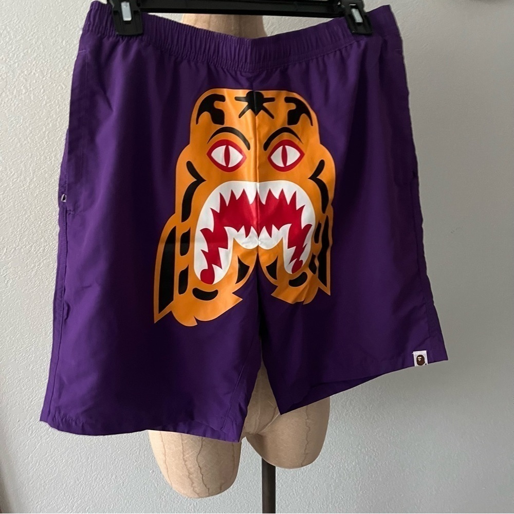 BAPE Purple Tiger SHORTS sz M Bathing Ape Japan Polyester Elastic Waist